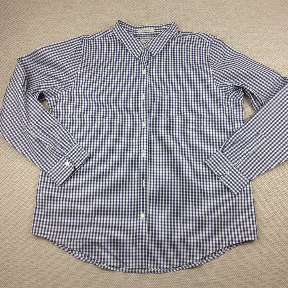 LL Bean Wrinkle Free Long Sleeve Shirt, Blue White Checkered, Mens Size L